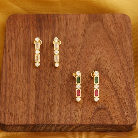 Geometric Bar Stud Earrings Colorful Zircon Copper Jewelry With 925 Sterling Silver Earring Post Rectangular Fashion Women