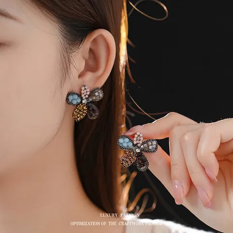 Vintage Flower Stud Earrings Alloy Colorful Crystal With 925 Sterling Silver Earring Post Chic Bohemian Jewelry Women