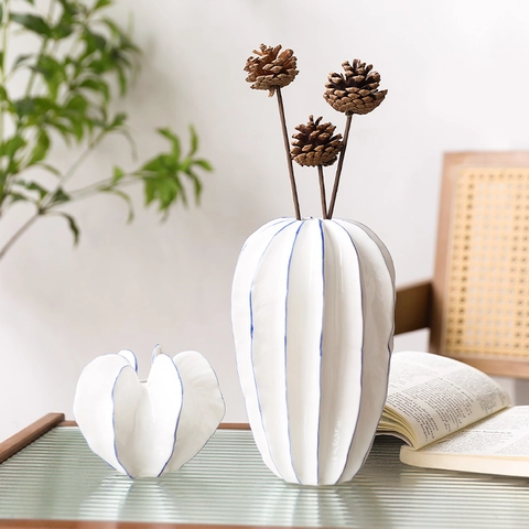 Jarrón De Cerámica Minimalista Moderno Maceta Con Nervaduras De Carambola Adorno De Escritorio Decorativo Para Sala De Estar Oficina Arte Nórdico