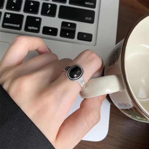 Vintage 925 Sterling Silber Ring Mit Ovalem Schwarzem Achat Seilrand Verstellbarer Offener Antiker Schmuck