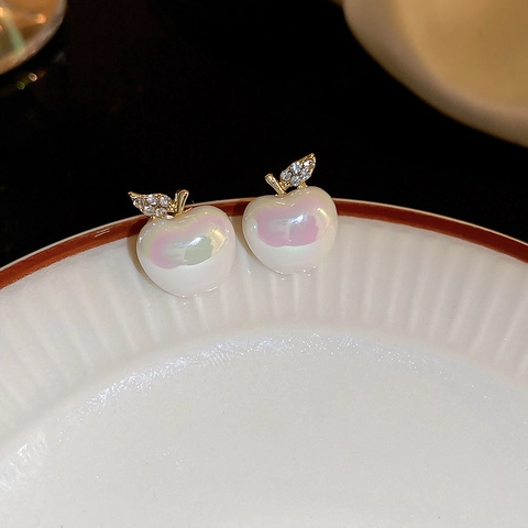 Apple Stud Earrings Alloy Rhinestone With Silver Earring Post Sweet Fruit Style Jewelry For Women