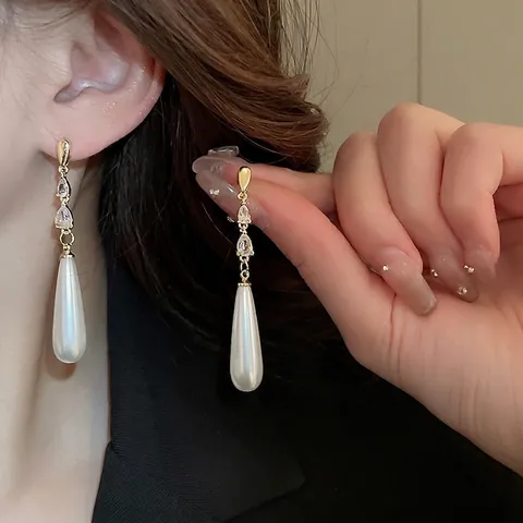 French Retro Waterdrop Artificial Pearl Dangle Earrings Copper Gold Plated With Zircon And 925 Sterling Silver Earring Post