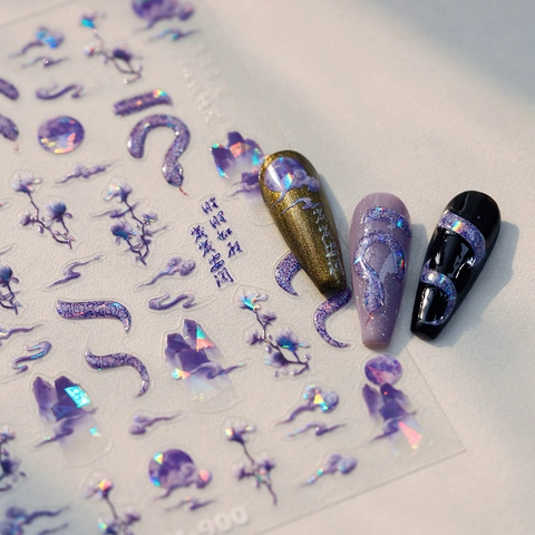 Holographic Laser Nail Art Stickers Self Adhesive Purple Snake Moon Flower Chinese Style Decals For DIY Manicure Decor