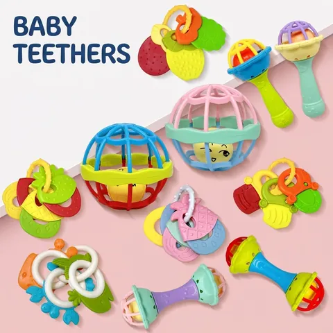 Baby Rattle Teether Manhattan Ball Toy Set Silicone Plastic Sensory Development Grasping Toy For Newborn Infants