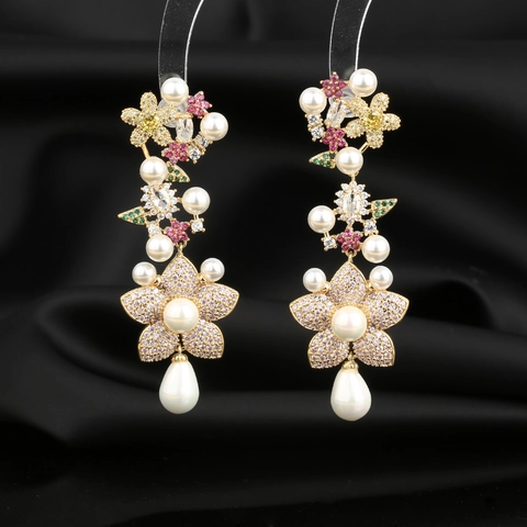 Pendientes Largos De Flores Con Circonitas Multicolor Perlas Artificiales Y Poste De Plata De Ley 925 Borla Larga Elegante Fiesta