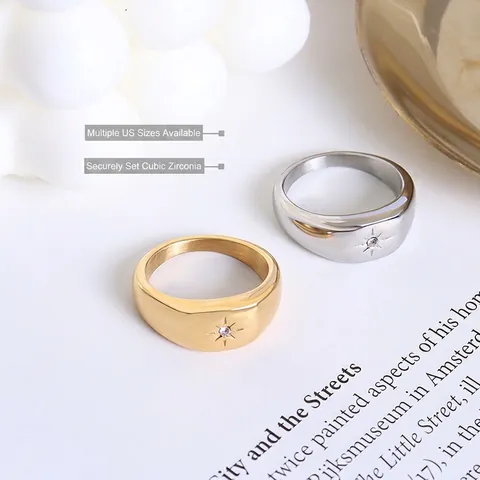 Titanium Steel Starburst Signet Ring For Women Men 18K Gold Plated Polished Band Ring With Rhinestone Inlaid Jewelry Gift