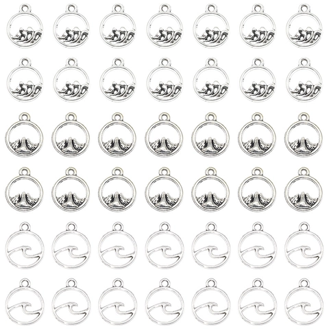Amuletos Redondos Huecos Vintage Plata Antigua Aleación Zinc Patrón Montaña Ola Para Fabricación Joyas DIY