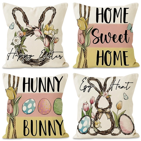Happy Easter Throw Pillowcase Linen Blend Bunny Colorful Egg Printed Decorative Cushion Cover Home Sofa