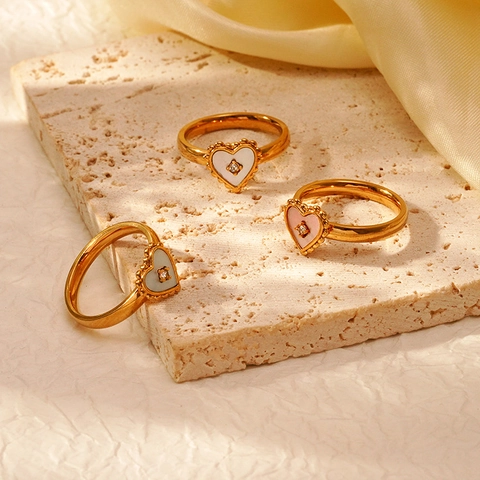 Anillo Con Forma De Corazón Incrustación De Concha Chapado En Oro Circonita Borde Perlado Joyería Para Mujer