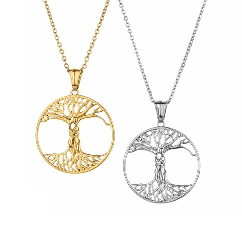 Collar Con Colgante Árbol De La Vida Acero Inoxidable Redondo Hueco Abrazo De Amantes Joyería Regalo Para Mujeres Hombres