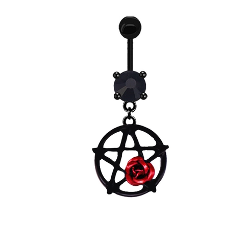 Gothic Stainless Steel Pentagram Red Rose Belly Ring Rhinestone Navel Piercing Jewelry For Women Punk Body Piercing Accessory
