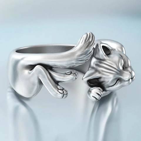 Anello Gatto Regolabile Rame Placcato Argento Vintage 3D Animale Design Fascia Aperta Gioielli Di Moda Per Donna