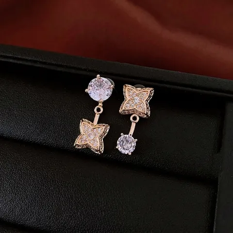 Asymmetrische Blumenohrringe Kupfer Zirkon Eingelegt Elegant Luxus Mode Schmuck Mit Silbernem Ohrstecker Für Damen