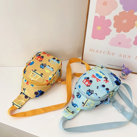 Kids Chest Bag Cartoon Car Print Nylon Lightweight Casual Crossbody Bag For Boys Girls Adjustable Strap Cute Travel Pouch