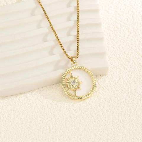 Elegant Stainless Steel Necklace With Round Mother Of Artificial Pearl Star Zircon Pendant Gold Color Chain For Women Light Luxury