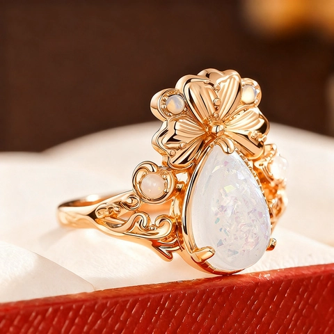 Vintage Flower Ring Copper Pear Shape Faux Opal Hollow Palace Style Elegant Jewelry Gift For Women