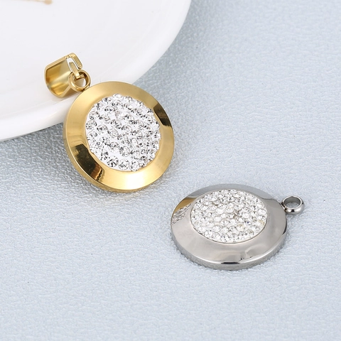 Colgantes Redondos De Acero Inoxidable Con Diamantes De Imitación Para Fabricación De Joyas DIY Dijes Brillantes