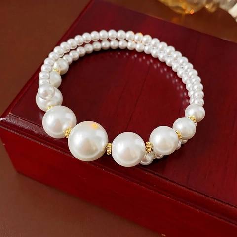 Bracciale Di Künstliche Perle A Doppio Strato Stile Vintage Francese Per Donna Elegante Braccialetto Con Perline E Dettagli In Metallo Dorato