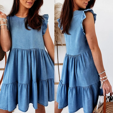 Vestito Stile Denim Con Maniche A Volant Da Donna Girocollo Manica Corta Poliestere Linea A Casual Estate Blu