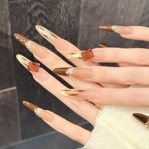 Handmade Press On Nails Long Almond Stiletto Brown Pink Gradient Cat Eye Square Resin Diamond Elegant Luxury For Women