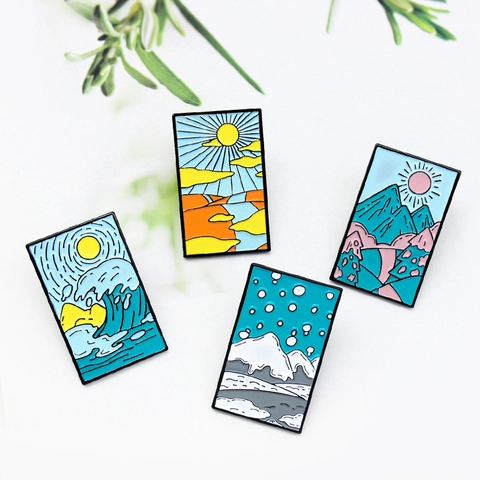 Pines de Esmalte de Paisaje Aleación Patrones de Cuatro Estaciones Broche Estilo Japonés Puesta de Sol Ola Montaña Nevada Insignia para Mochila Sombrero Joyería Unisex