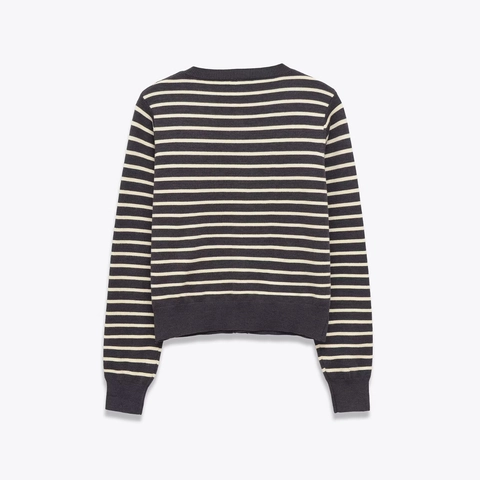 Cardigan En Maille Rayé Femmes Col Rond Manches Longues Bouton Doré Bordure Côtelée Vêtements De Dessus Chic En Polyester