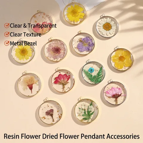 Handmade Round Resin Pendants With Real Dried Flowers Gold Foil Copper Frame For DIY Jewelry Making Necklaces