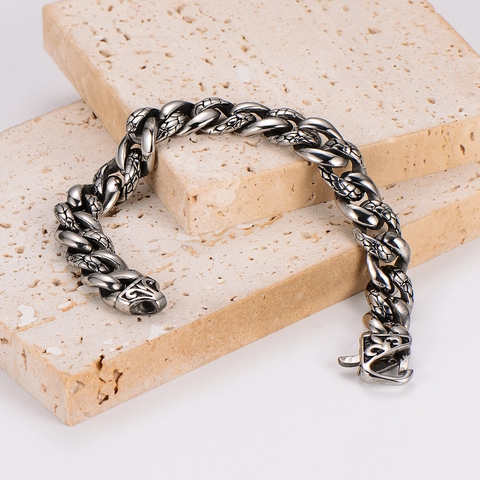 Mens Stainless Steel Cuban Link Bracelet Dragon Scale Texture Retro Gothic Hip Hop Heavy Jewelry Steel Color