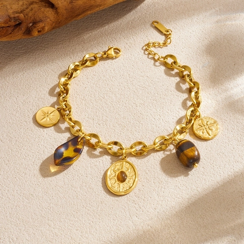 Pulsera De Charms De Acero Inoxidable Chapado En Oro Vintage Con Piedra Ojo De Tigre Y Colgantes De Estrella De Resina Para Mujer