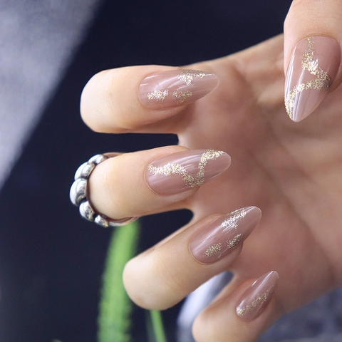 Unghie Finte Press On Mandorla Base Rosa Nude Jelly Glitter Dorati Motivo A Onde Eleganti Unghie Lunghe Per Donne