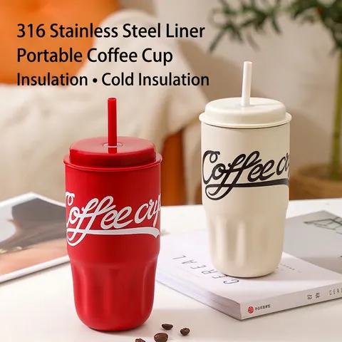 Insulated Coffee Mug 316 Stainless Steel Vacuum Cup With Lid And Straw Portable Car Tumbler For Hot Cold Drinks