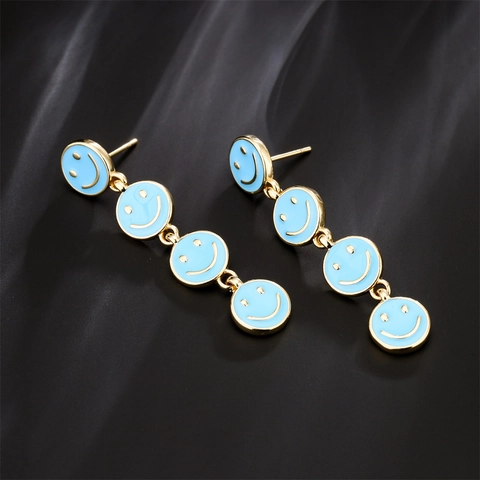 Trendy Copper Enamel Smiley Face Long Drop Earrings Gold Plated Fashion Multi Tier Hanging Jewelry For Women