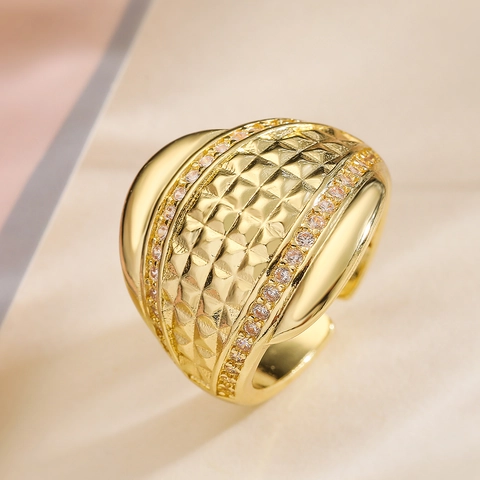 Adjustable Open Ring 18K Gold Plated Copper Wide Band Lattice Pattern Zircon Inlaid Geometric Retro Fashion Jewelry For Women