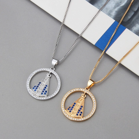 Notre Dame D'Aparecida Collier Pendentif Cuivre Plaqué Or Cœur Rond Bijoux Religieux Zircon Bleu Blanc Vintage Rétro