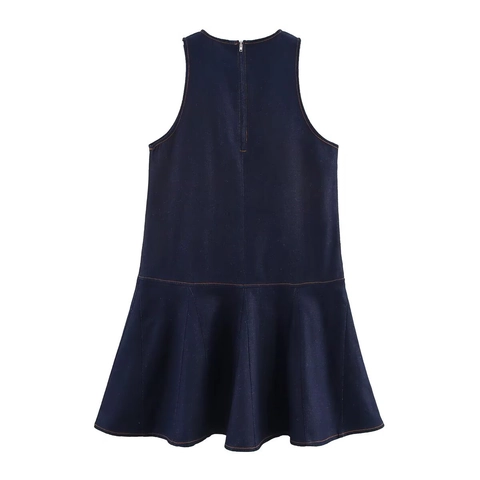 Abito In Denim Senza Maniche Blu Scuro Cotone Girocollo Cuciture Arancioni A Contrasto Orlo A Balze Mini Alla Moda Donna