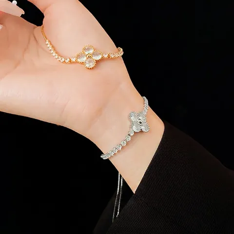 Four Leaf Clover Flower Adjustable Bracelet Copper Zirconia Pave Real Gold Plated Drawstring Bangle Jewelry For Women