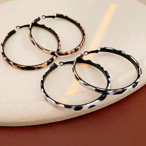 Retro Leopard Print Hoop Earrings Faux Leather Iron With Silver Earring Post Large Round Circle Fashion For Women