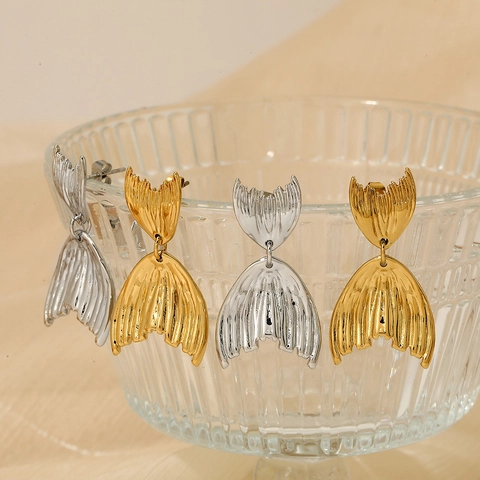 Pendientes Colgantes De Cola De Pez Sirena Acero Inoxidable Plisado Texturizado Joyería Para Mujer Elegante