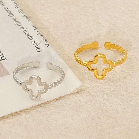 Anillo Ajustable De Acero Inoxidable Con Trébol Hueco Y Banda De Cuentas Chapado En Oro De 18K Joyería De Moda Mujer