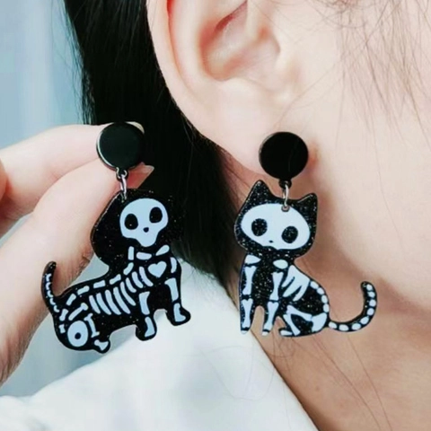 Halloween Skeleton Stud Earrings Acrylic Gothic Flamingo Bat Cat Dog Pattern Jewelry For Women With Stainless Steel Earring Post