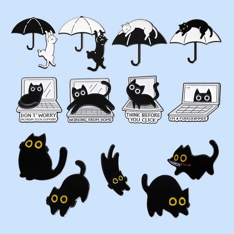 Divertente Cartone Animato Gatto Nero Smalto Pin Spilla Lega Di Zinco Novità Animale Distintivo Per Vestiti Borse IT Tech Support Umorismo Regali
