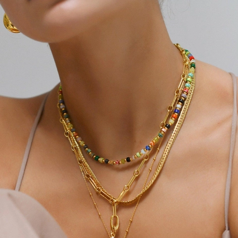 Handmade Natural Stone Beaded Necklace Artificial Baroque Pearl Colorful Bohemian Layered Choker Bracelet Jewelry For Women Men Summer Beach Style