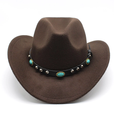 Chapeau de Cowboy Western Vintage pour Femmes Hommes Feutre de Laine Jazz Fedora Avec Bande en Cuir Turquoise et Rivets