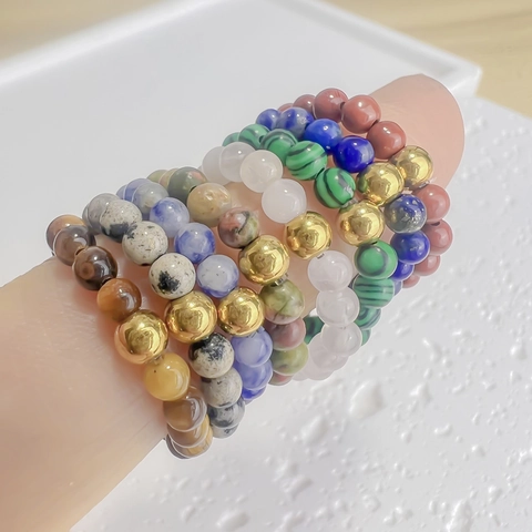 Natural Stone Beaded Ring Minimalist Handmade Elastic Stretch Gemstone Rings With Stainless Steel Gold Bead For Women