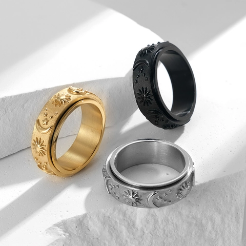 Celestial Spinner Ring Stainless Steel Sun Moon Star Relief Rotatable Anxiety Relief Band Jewelry