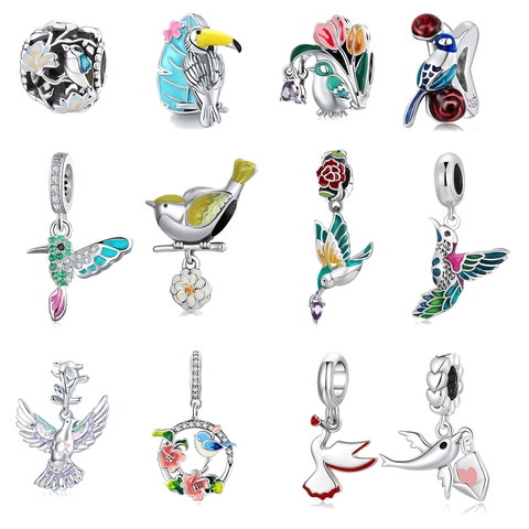 925 Sterling Silver Hummingbird Bird Flower Charm Pendant Enamel Zirconia Beads For Bracelet DIY Jewelry Accessories Women