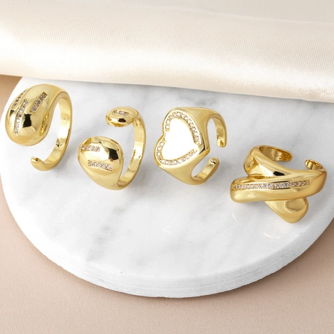 Bague Ouverte Géométrique En Forme De Cœur Zircon Brillant Cuivre Plaqué Or Bijoux De Doigt Réglables Pour Femmes Minimal