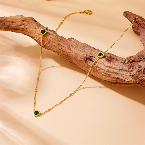 Hart Ketting En Armband Sieraden Roestvrij Staal Groen Kristal Ingelegd Elegante Ketting Mode Accessoires Voor Dames