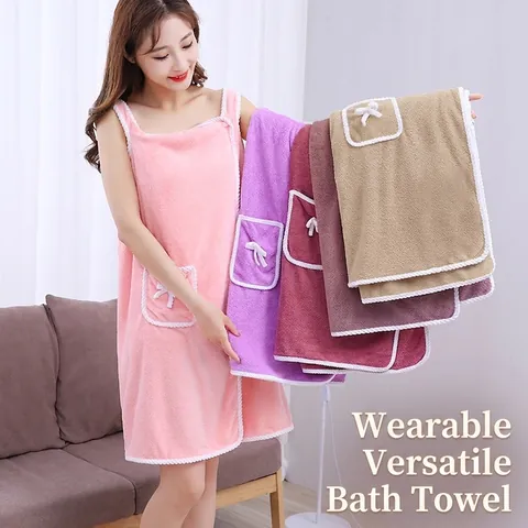 Women Wearable Bath Towel Coral Fleece Thickened Absorbent Bathing Spa Dress With Sweet Bow Pocket Home Shower Robe