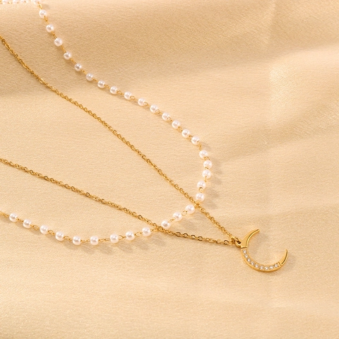 Double Layer Necklace Stainless Steel 18K Gold Plated Crescent Moon Pendant Zircon Imitation Artificial Pearl Chic Elegant Jewelry Women